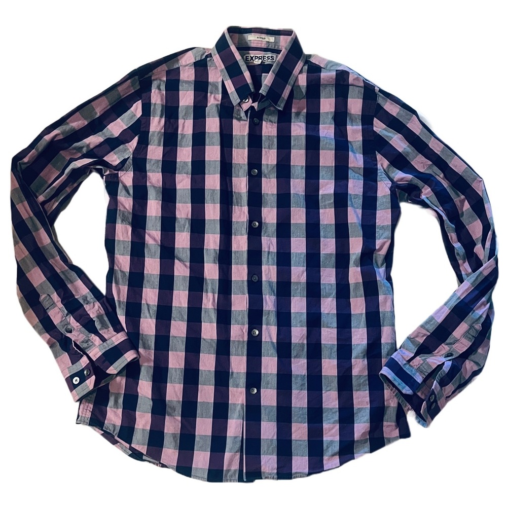 Express Purple Plaid Y2K Long Sleeve Button Down Shirt